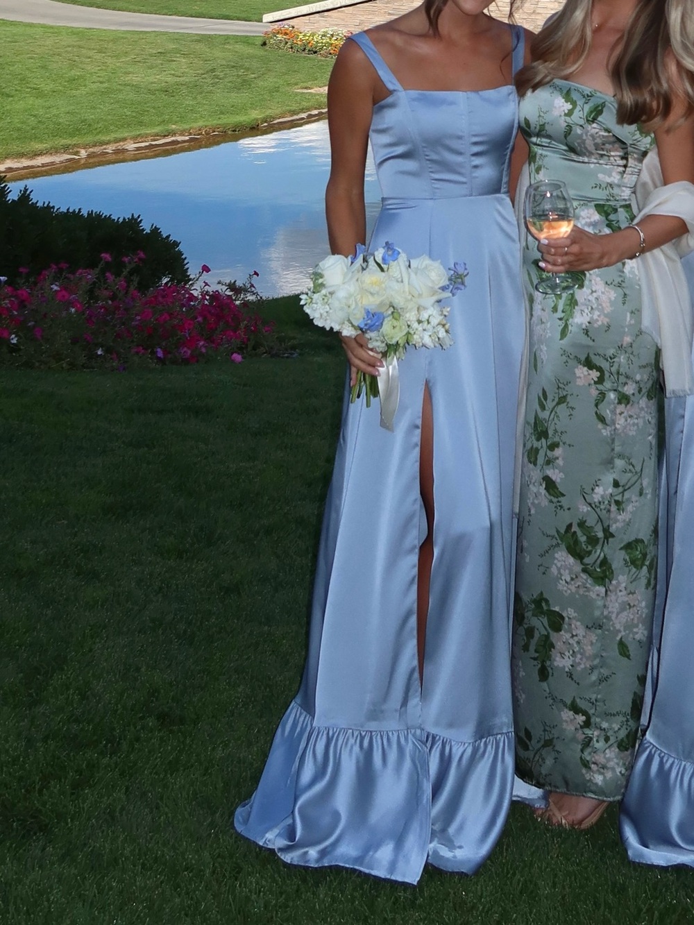 Show Me Your MuMu Satin Sky Blue Ruffle-Hem Gown with Front Slit
